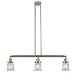 213-SN-G182S 3-Light 38.5" Brushed Satin Nickel Island Light - Clear Small Canton Glass - LED Bulb - Dimmensions: 38.5 x 6 x 11<br>Minimum Height : 19.75<br>Maximum Height : 43.75 - Sloped Ceiling Compatible: Yes