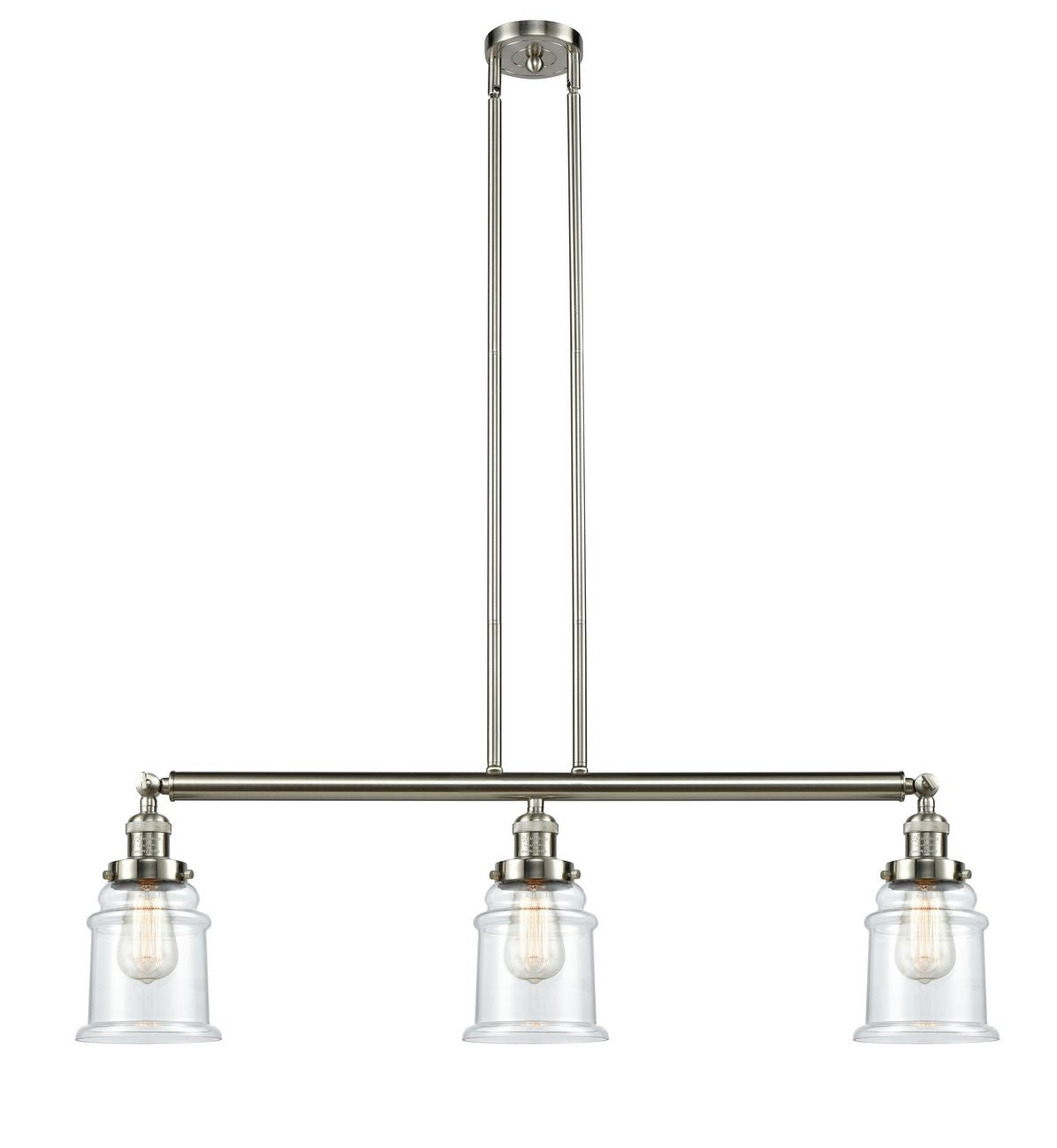 213-SN-G182 3-Light 38.5" Brushed Satin Nickel Island Light - Clear Canton Glass - LED Bulb - Dimmensions: 38.5 x 6 x 11<br>Minimum Height : 21.5<br>Maximum Height : 45.5 - Sloped Ceiling Compatible: Yes