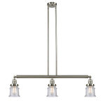 213-SN-G184S 3-Light 38.5" Brushed Satin Nickel Island Light - Seedy Small Canton Glass - LED Bulb - Dimmensions: 38.5 x 6 x 11<br>Minimum Height : 19.75<br>Maximum Height : 43.75 - Sloped Ceiling Compatible: Yes