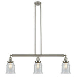 213-SN-G184 3-Light 38.5" Brushed Satin Nickel Island Light - Seedy Canton Glass - LED Bulb - Dimmensions: 38.5 x 6 x 11<br>Minimum Height : 21.5<br>Maximum Height : 45.5 - Sloped Ceiling Compatible: Yes