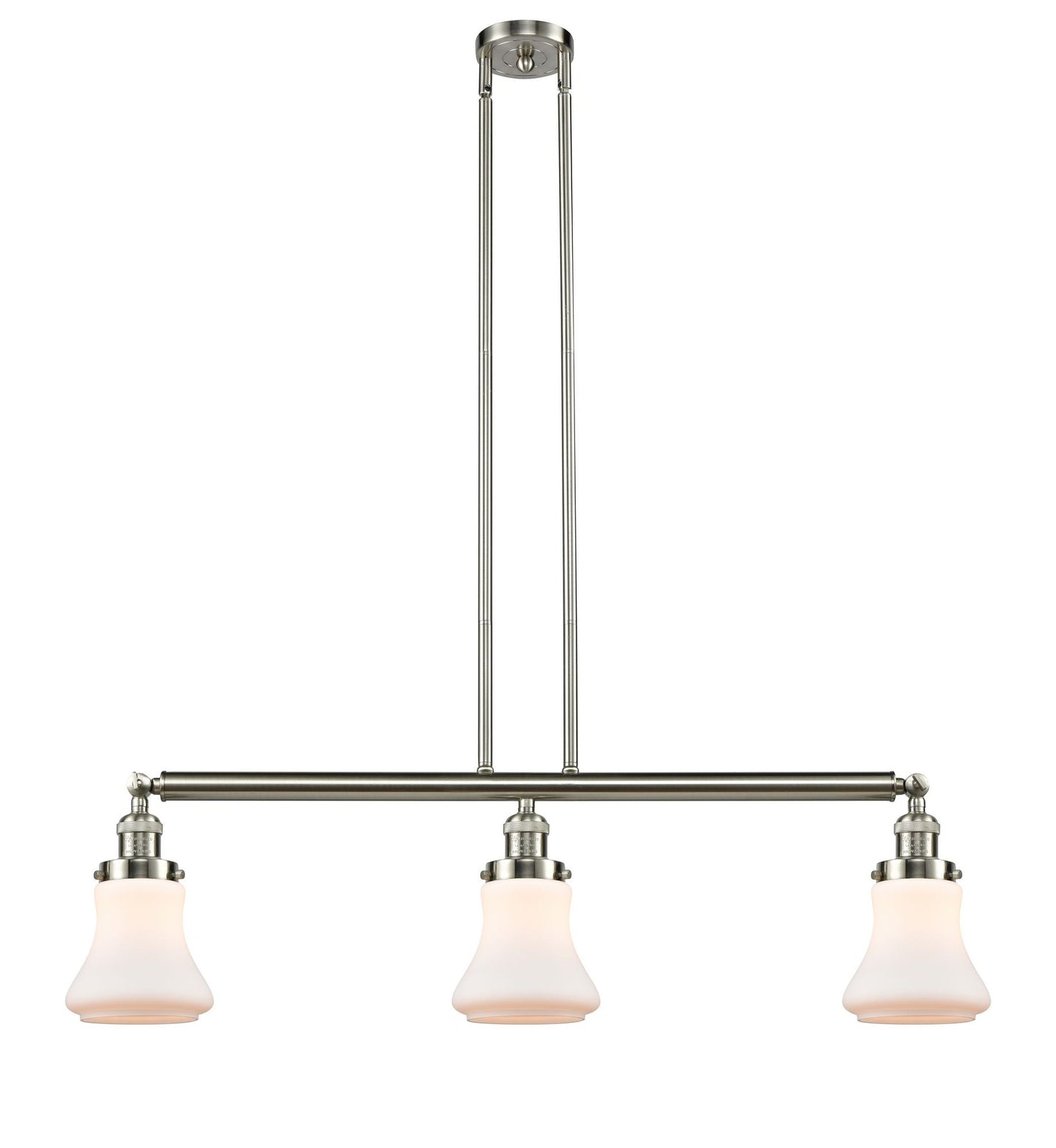 213-SN-G191 3-Light 38.75" Brushed Satin Nickel Island Light - Matte White Bellmont Glass - LED Bulb - Dimmensions: 38.75 x 6.25 x 11<br>Minimum Height : 20.5<br>Maximum Height : 44.5 - Sloped Ceiling Compatible: Yes