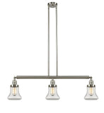 213-SN-G192 3-Light 38.75" Brushed Satin Nickel Island Light - Clear Bellmont Glass - LED Bulb - Dimmensions: 38.75 x 6.25 x 11<br>Minimum Height : 20.5<br>Maximum Height : 44.5 - Sloped Ceiling Compatible: Yes