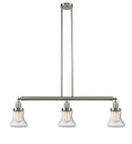 213-SN-G194 3-Light 38.75" Brushed Satin Nickel Island Light - Seedy Bellmont Glass - LED Bulb - Dimmensions: 38.75 x 6.25 x 11<br>Minimum Height : 20.5<br>Maximum Height : 44.5 - Sloped Ceiling Compatible: Yes