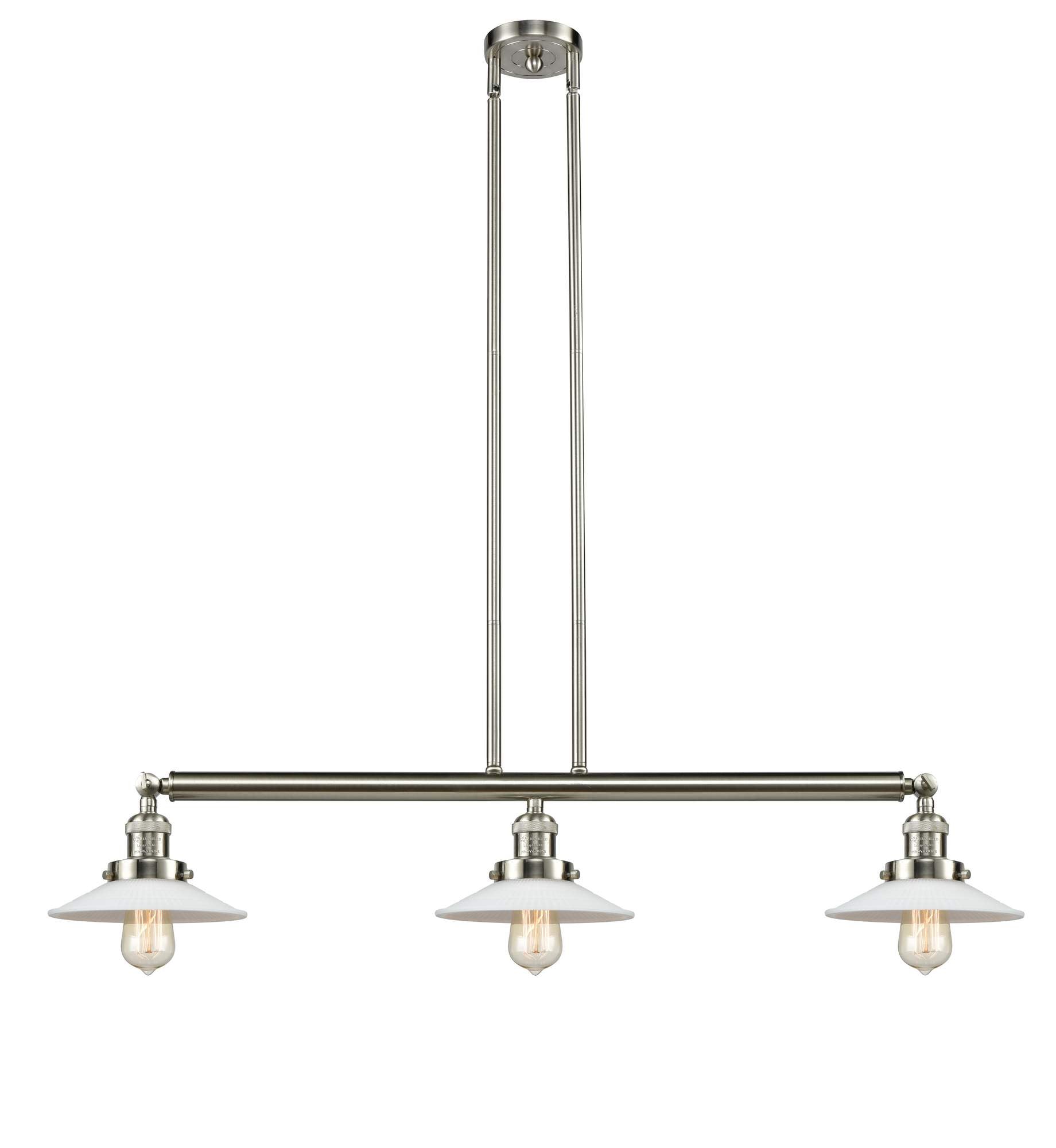 213-SN-G1 3-Light 41" Brushed Satin Nickel Island Light - White Halophane Glass - LED Bulb - Dimmensions: 41 x 8.5 x 8<br>Minimum Height : 16.25<br>Maximum Height : 40.25 - Sloped Ceiling Compatible: Yes