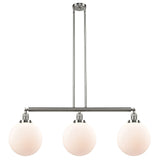 213-SN-G201-10 3-Light 42" Brushed Satin Nickel Island Light - Matte White Cased Beacon Glass - LED Bulb - Dimmensions: 42 x 10 x 14<br>Minimum Height : 24<br>Maximum Height : 48 - Sloped Ceiling Compatible: Yes