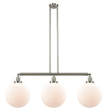 213-SN-G201-12 3-Light 44" Brushed Satin Nickel Island Light - Matte White Cased Beacon Glass - LED Bulb - Dimmensions: 44 x 12 x 16<br>Minimum Height : 26<br>Maximum Height : 50 - Sloped Ceiling Compatible: Yes