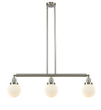 213-SN-G201-6 3-Light 38.5" Brushed Satin Nickel Island Light - Matte White Cased Beacon Glass - LED Bulb - Dimmensions: 38.5 x 6 x 10.875<br>Minimum Height : 20<br>Maximum Height : 44 - Sloped Ceiling Compatible: Yes