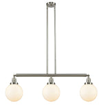 213-SN-G201-8 3-Light 40.5" Brushed Satin Nickel Island Light - Matte White Cased Beacon Glass - LED Bulb - Dimmensions: 40.5 x 8 x 12.875<br>Minimum Height : 22<br>Maximum Height : 46 - Sloped Ceiling Compatible: Yes
