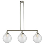 213-SN-G202-10 3-Light 42" Brushed Satin Nickel Island Light - Clear Beacon Glass - LED Bulb - Dimmensions: 42 x 10 x 14<br>Minimum Height : 24<br>Maximum Height : 48 - Sloped Ceiling Compatible: Yes