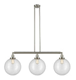 213-SN-G202-12 3-Light 44" Brushed Satin Nickel Island Light - Clear Beacon Glass - LED Bulb - Dimmensions: 44 x 12 x 16<br>Minimum Height : 26<br>Maximum Height : 50 - Sloped Ceiling Compatible: Yes