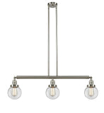 213-SN-G202-6 3-Light 38.5" Brushed Satin Nickel Island Light - Clear Beacon Glass - LED Bulb - Dimmensions: 38.5 x 6 x 10.875<br>Minimum Height : 20<br>Maximum Height : 44 - Sloped Ceiling Compatible: Yes