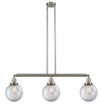 213-SN-G202-8 3-Light 40.5" Brushed Satin Nickel Island Light - Clear Beacon Glass - LED Bulb - Dimmensions: 40.5 x 8 x 12.875<br>Minimum Height : 22<br>Maximum Height : 46 - Sloped Ceiling Compatible: Yes