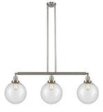 213-SN-G204-10 3-Light 42" Brushed Satin Nickel Island Light - Seedy Beacon Glass - LED Bulb - Dimmensions: 42 x 10 x 14<br>Minimum Height : 24<br>Maximum Height : 48 - Sloped Ceiling Compatible: Yes