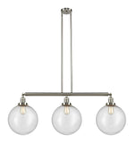 213-SN-G204-12 3-Light 44" Brushed Satin Nickel Island Light - Seedy Beacon Glass - LED Bulb - Dimmensions: 44 x 12 x 16<br>Minimum Height : 26<br>Maximum Height : 50 - Sloped Ceiling Compatible: Yes