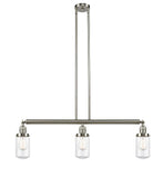 213-SN-G312 3-Light 37" Brushed Satin Nickel Island Light - Clear Dover Glass - LED Bulb - Dimmensions: 37 x 4.5 x 10.75<br>Minimum Height : 20.75<br>Maximum Height : 44.75 - Sloped Ceiling Compatible: Yes