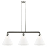 213-SN-G41-L 3-Light 44" Brushed Satin Nickel Island Light - Matte White Cased Cone 12" Glass - LED Bulb - Dimmensions: 44 x 12 x 16<br>Minimum Height : 24.25<br>Maximum Height : 48.25 - Sloped Ceiling Compatible: Yes