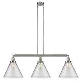 213-SN-G42-L 3-Light 44" Brushed Satin Nickel Island Light - Clear Cone 12" Glass - LED Bulb - Dimmensions: 44 x 12 x 16<br>Minimum Height : 24.25<br>Maximum Height : 48.25 - Sloped Ceiling Compatible: Yes