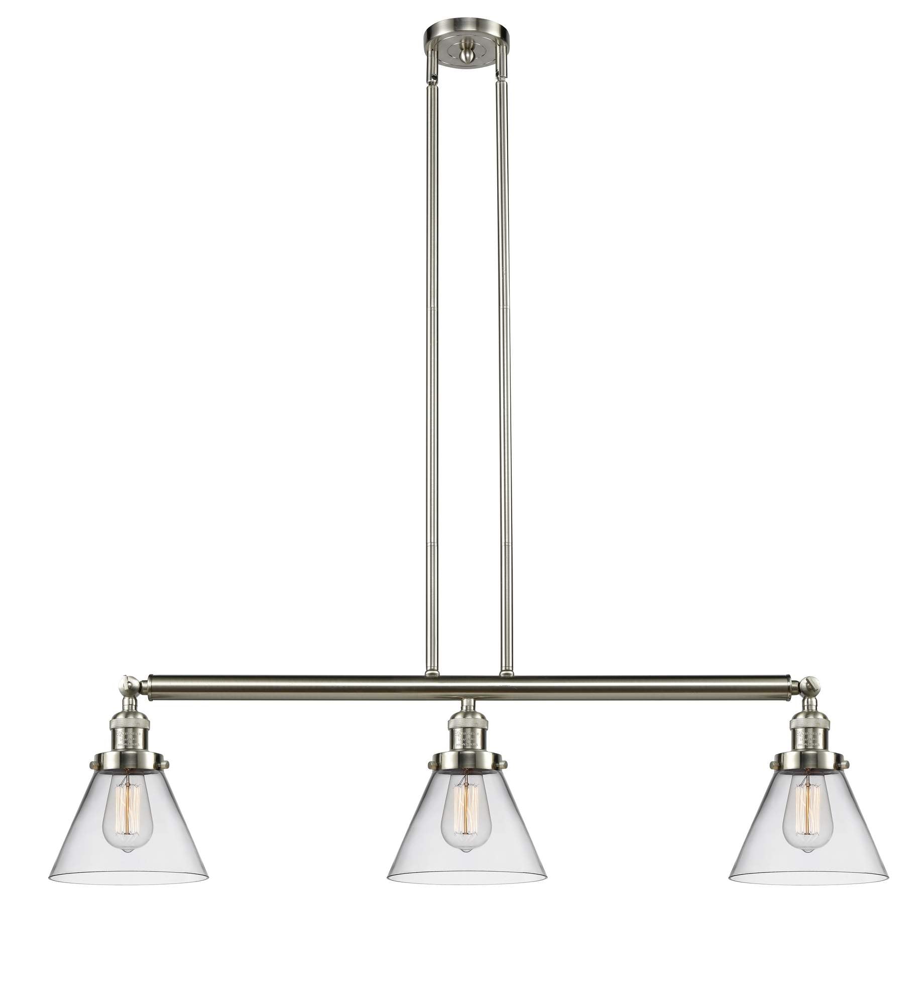 213-SN-G42 3-Light 40.25" Brushed Satin Nickel Island Light - Clear Large Cone Glass - LED Bulb - Dimmensions: 40.25 x 7.75 x 10<br>Minimum Height : 20.25<br>Maximum Height : 44.25 - Sloped Ceiling Compatible: Yes