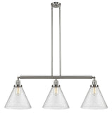 213-SN-G44-L 3-Light 44" Brushed Satin Nickel Island Light - Seedy Cone 12" Glass - LED Bulb - Dimmensions: 44 x 12 x 16<br>Minimum Height : 24.25<br>Maximum Height : 48.25 - Sloped Ceiling Compatible: Yes