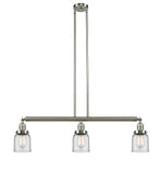 213-SN-G52 3-Light 37.5" Brushed Satin Nickel Island Light - Clear Small Bell Glass - LED Bulb - Dimmensions: 37.5 x 5 x 10<br>Minimum Height : 20<br>Maximum Height : 44 - Sloped Ceiling Compatible: Yes