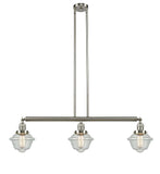 213-SN-G534 3-Light 40" Brushed Satin Nickel Island Light - Seedy Small Oxford Glass - LED Bulb - Dimmensions: 40 x 7.5 x 10<br>Minimum Height : 20<br>Maximum Height : 44 - Sloped Ceiling Compatible: Yes
