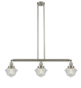 213-AB-G534 3-Light 40" Antique Brass Island Light - Seedy Small Oxford Glass - LED Bulb - Dimmensions: 40 x 7.5 x 10<br>Minimum Height : 20<br>Maximum Height : 44 - Sloped Ceiling Compatible: Yes
