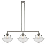 213-SN-G542 3-Light 42" Brushed Satin Nickel Island Light - Clear Large Oxford Glass - LED Bulb - Dimmensions: 42 x 12 x 12<br>Minimum Height : 22.375<br>Maximum Height : 46.375 - Sloped Ceiling Compatible: Yes