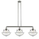213-SN-G544 3-Light 42" Brushed Satin Nickel Island Light - Seedy Large Oxford Glass - LED Bulb - Dimmensions: 42 x 12 x 12<br>Minimum Height : 22.375<br>Maximum Height : 46.375 - Sloped Ceiling Compatible: Yes