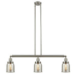 213-SN-G58 3-Light 37.5" Brushed Satin Nickel Island Light - Silver Plated Mercury Small Bell Glass - LED Bulb - Dimmensions: 37.5 x 5 x 10<br>Minimum Height : 20<br>Maximum Height : 44 - Sloped Ceiling Compatible: Yes