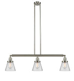 213-SN-G62 3-Light 38.75" Brushed Satin Nickel Island Light - Clear Small Cone Glass - LED Bulb - Dimmensions: 38.75 x 6 x 10<br>Minimum Height : 20<br>Maximum Height : 44 - Sloped Ceiling Compatible: Yes