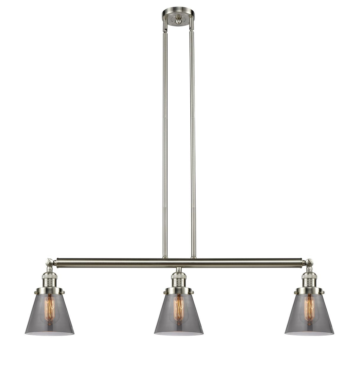 213-SN-G63 3-Light 38.75" Brushed Satin Nickel Island Light - Plated Smoke Small Cone Glass - LED Bulb - Dimmensions: 38.75 x 6 x 10<br>Minimum Height : 20<br>Maximum Height : 44 - Sloped Ceiling Compatible: Yes