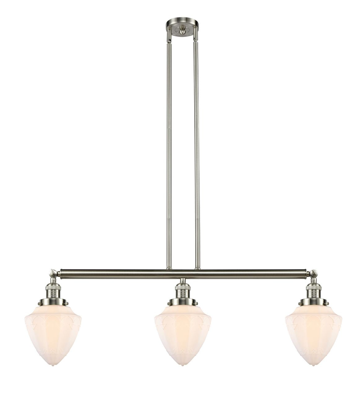 213-SN-G661-7 3-Light 38" Brushed Satin Nickel Island Light - Matte White Cased Small Bullet Glass - LED Bulb - Dimmensions: 38 x 7 x 15.25<br>Minimum Height : 24.25<br>Maximum Height : 48.25 - Sloped Ceiling Compatible: Yes