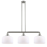 213-SN-G71-L 3-Light 42" Brushed Satin Nickel Island Light - Matte White Cased X-Large Bell Glass - LED Bulb - Dimmensions: 42 x 12 x 13<br>Minimum Height : 22.25<br>Maximum Height : 46.25 - Sloped Ceiling Compatible: Yes