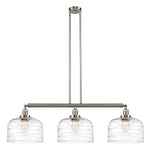 213-SN-G713-L 3-Light 42" Brushed Satin Nickel Island Light - Clear Deco Swirl X-Large Bell Glass - LED Bulb - Dimmensions: 42 x 12 x 13<br>Minimum Height : 22.25<br>Maximum Height : 46.25 - Sloped Ceiling Compatible: Yes