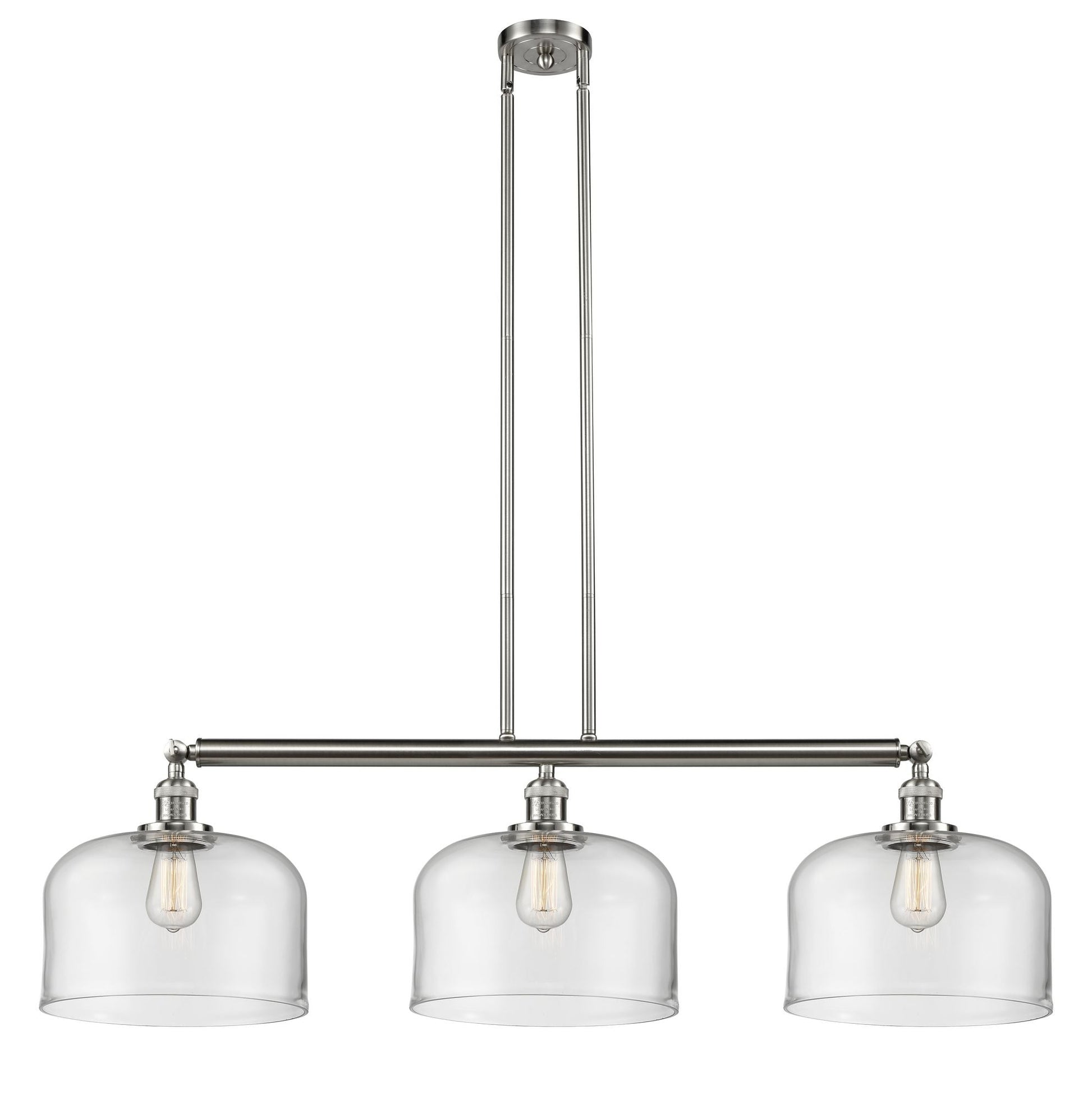 213-SN-G72-L 3-Light 42" Brushed Satin Nickel Island Light - Clear X-Large Bell Glass - LED Bulb - Dimmensions: 42 x 12 x 13<br>Minimum Height : 22.25<br>Maximum Height : 46.25 - Sloped Ceiling Compatible: Yes