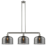 213-SN-G73-L 3-Light 42" Brushed Satin Nickel Island Light - Plated Smoke X-Large Bell Glass - LED Bulb - Dimmensions: 42 x 12 x 13<br>Minimum Height : 22.25<br>Maximum Height : 46.25 - Sloped Ceiling Compatible: Yes