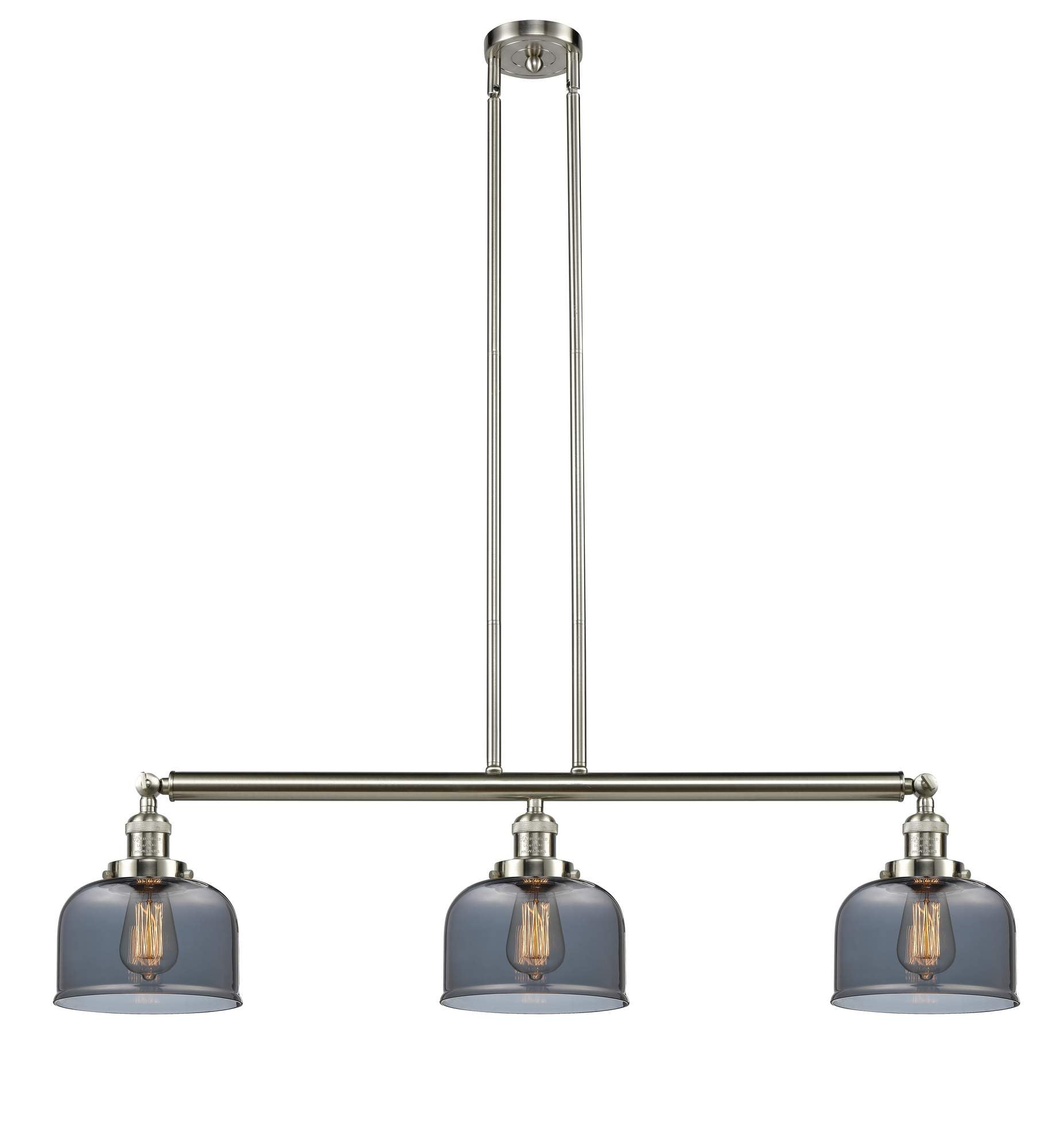 213-SN-G73 3-Light 40.5" Brushed Satin Nickel Island Light - Plated Smoke Large Bell Glass - LED Bulb - Dimmensions: 40.5 x 8 x 13<br>Minimum Height : 20<br>Maximum Height : 44 - Sloped Ceiling Compatible: Yes