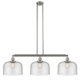 213-SN-G74-L 3-Light 42" Brushed Satin Nickel Island Light - Seedy X-Large Bell Glass - LED Bulb - Dimmensions: 42 x 12 x 13<br>Minimum Height : 22.25<br>Maximum Height : 46.25 - Sloped Ceiling Compatible: Yes