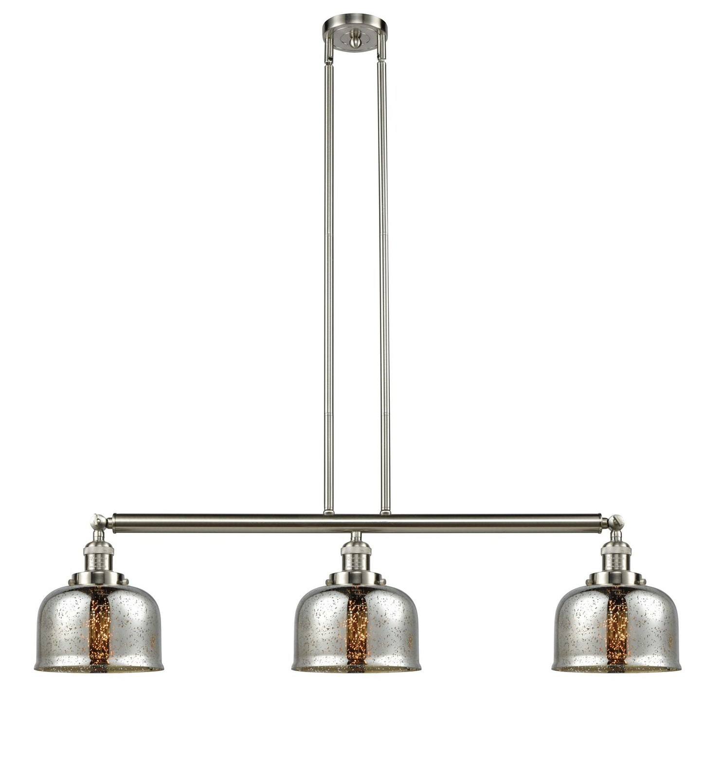 213-SN-G78 3-Light 40.5" Brushed Satin Nickel Island Light - Silver Plated Mercury Large Bell Glass - LED Bulb - Dimmensions: 40.5 x 8 x 13<br>Minimum Height : 20<br>Maximum Height : 44 - Sloped Ceiling Compatible: Yes