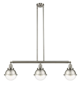 213-SN-HFS-62-SN 3-Light 39.75" Brushed Satin Nickel Island Light - Clear Hampden Glass - LED Bulb - Dimmensions: 39.75 x 7.25 x 10.5<br>Minimum Height : 19.5<br>Maximum Height : 43.5 - Sloped Ceiling Compatible: Yes