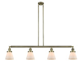 4-Light 50.875" Antique Brass Island Light - Matte White Cased Small Cone Glass LED