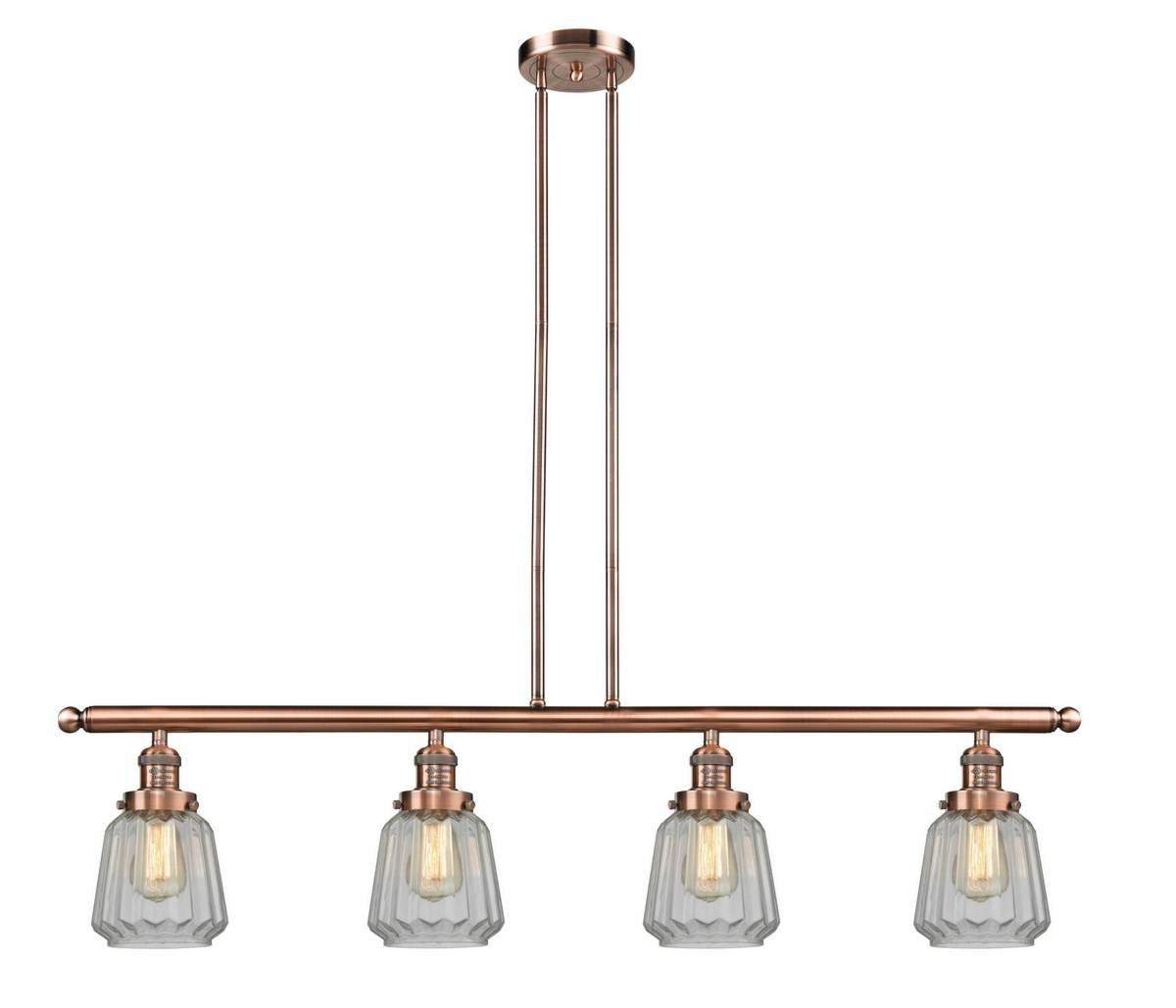 214-AC-G142 4-Light 50.875" Antique Copper Island Light - Clear Chatham Glass - LED Bulb - Dimmensions: 50.875 x 6.25 x 10<br>Minimum Height : 21<br>Maximum Height : 45 - Sloped Ceiling Compatible: Yes