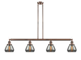 214-AC-G173 4-Light 51.375" Antique Copper Island Light - Plated Smoke Fulton Glass - LED Bulb - Dimmensions: 51.375 x 6.75 x 10<br>Minimum Height : 19.5<br>Maximum Height : 43.5 - Sloped Ceiling Compatible: Yes