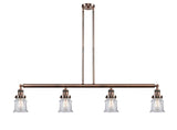 214-AC-G182S 4-Light 50.625" Antique Copper Island Light - Clear Small Canton Glass - LED Bulb - Dimmensions: 50.625 x 6 x 11<br>Minimum Height : 19.75<br>Maximum Height : 43.75 - Sloped Ceiling Compatible: Yes