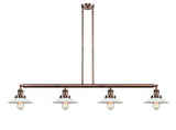 214-AC-G1 4-Light 53.125" Antique Copper Island Light - White Halophane Glass - LED Bulb - Dimmensions: 53.125 x 8.5 x 8<br>Minimum Height : 16.25<br>Maximum Height : 40.25 - Sloped Ceiling Compatible: Yes
