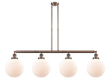 214-AC-G201-10 4-Light 54" Antique Copper Island Light - Matte White Cased Beacon Glass - LED Bulb - Dimmensions: 54 x 10 x 14<br>Minimum Height : 24<br>Maximum Height : 48 - Sloped Ceiling Compatible: Yes