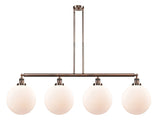 214-AC-G201-12 4-Light 56" Antique Copper Island Light - Matte White Cased Beacon Glass - LED Bulb - Dimmensions: 56 x 12 x 16<br>Minimum Height : 26<br>Maximum Height : 50 - Sloped Ceiling Compatible: Yes