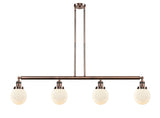 214-AC-G201-6 4-Light 50.625" Antique Copper Island Light - Matte White Cased Beacon Glass - LED Bulb - Dimmensions: 50.625 x 6 x 10.875<br>Minimum Height : 20<br>Maximum Height : 44 - Sloped Ceiling Compatible: Yes