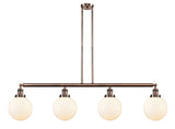 214-AC-G201-8 4-Light 52.625" Antique Copper Island Light - Matte White Cased Beacon Glass - LED Bulb - Dimmensions: 52.625 x 8 x 12.875<br>Minimum Height : 22<br>Maximum Height : 46 - Sloped Ceiling Compatible: Yes