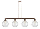 214-AC-G202-10 4-Light 54" Antique Copper Island Light - Clear Beacon Glass - LED Bulb - Dimmensions: 54 x 10 x 14<br>Minimum Height : 24<br>Maximum Height : 48 - Sloped Ceiling Compatible: Yes